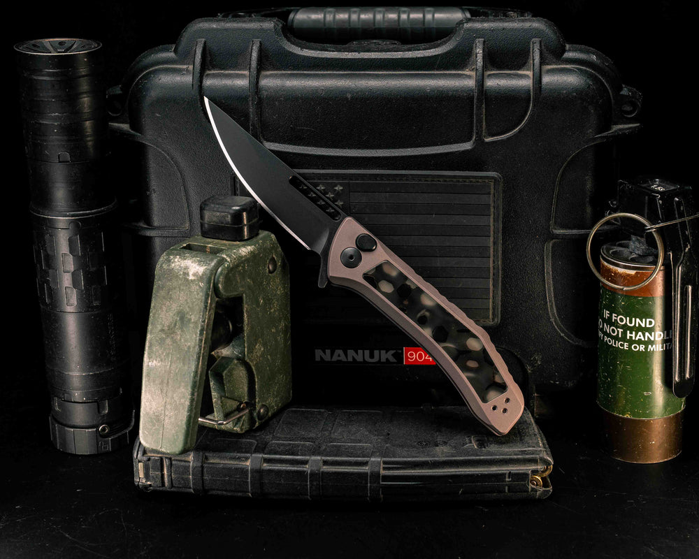 Custom Kwaiken Folder- Raffir Noble Wasp Uranium Glow, Anodized Grey Handle, Black Nitride Blade, Smooth Grip, Deep Carry Pocket Clip