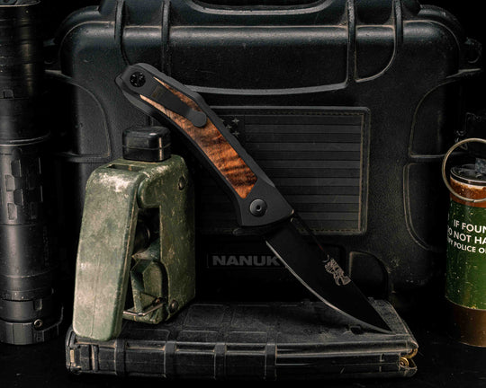 Custom Kwaiken Folder - Hawaiian Curly Koa, Anodized Black Handle, Black Nitride Blade, Textured Grip, Deep Carry Pocket Clip