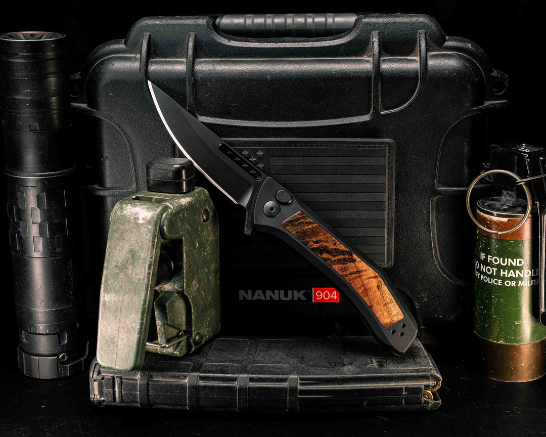 Custom Kwaiken Folder - Hawaiian Curly Koa, Anodized Black Handle, Black Nitride Blade, Textured Grip, Deep Carry Pocket Clip