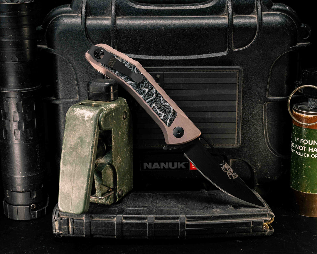 Custom Kwaiken Folder- Black Brain Coral, Grey Anodized Handle, Black Nitride Blade, Textured Grip, Deep Carry Pocket Clip