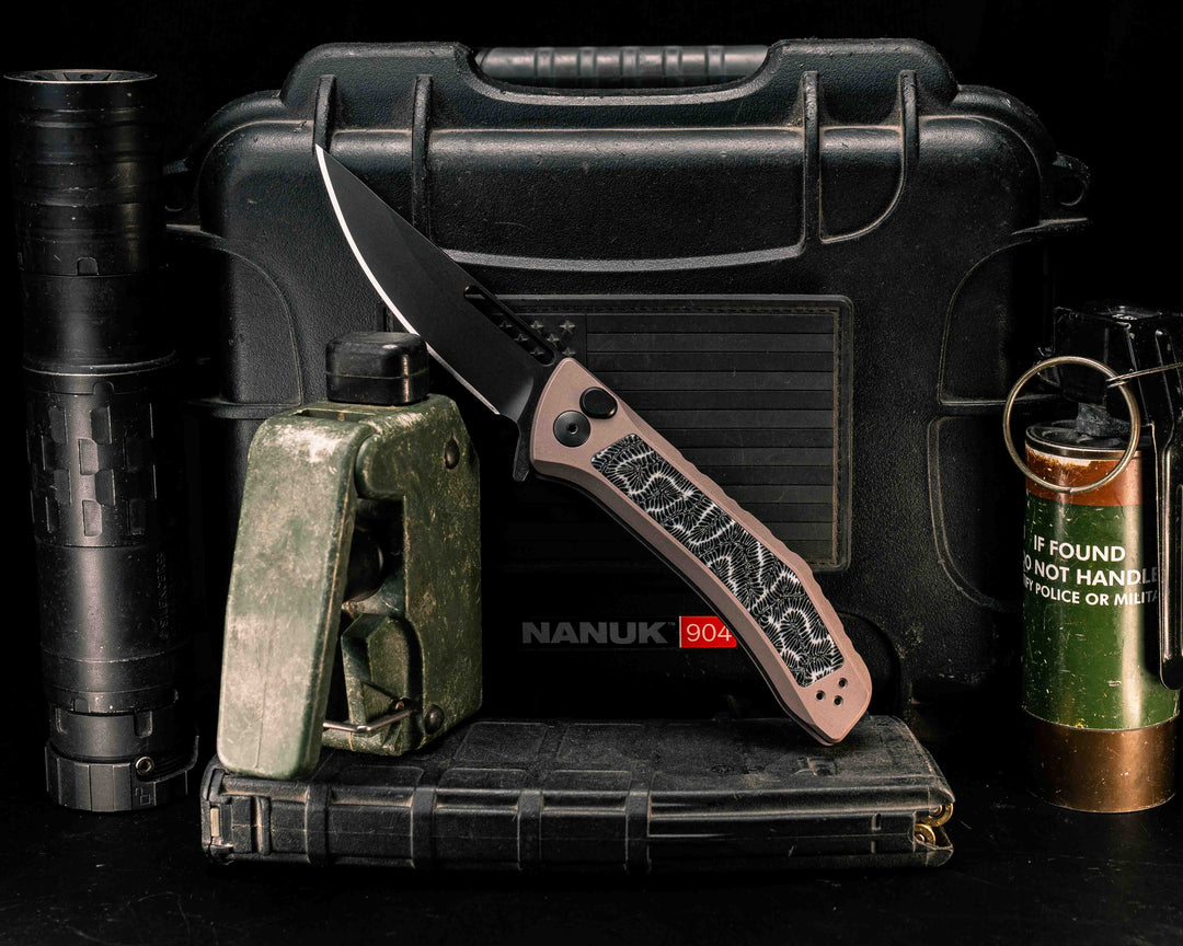 Custom Kwaiken Folder- Black Brain Coral, Grey Anodized Handle, Black Nitride Blade, Textured Grip, Deep Carry Pocket Clip