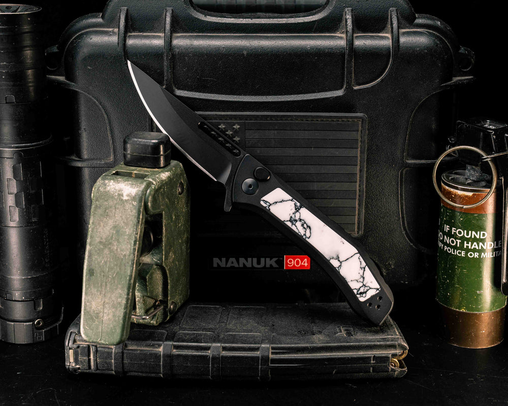 Custom Kwaiken Folder- White with Black Web Tru Stone, Anodized Black Handle, Black Nitride Blade, Smooth Grip, Deep Carry Pocket Clip