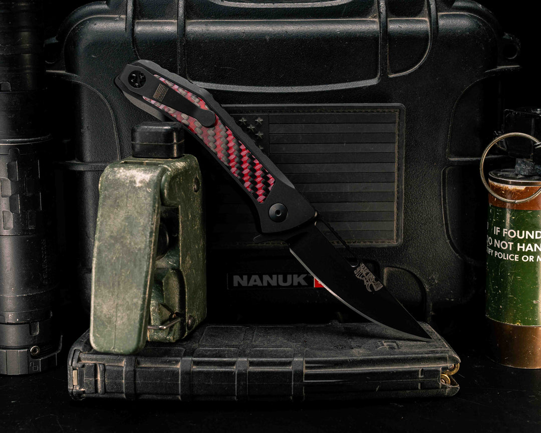 Custom Kwaiken Folder- Red and Black Twill Carbon, Anodized Black Handle, Black Nitride Blade, Smooth Grip, Deep Carry Pocket Clip