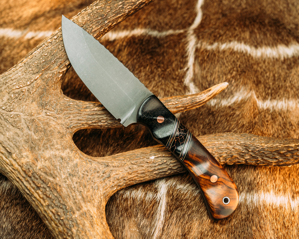 Cavner- Black Burlap Micarta, OD Green G10, Black G10, Aluminum and Copper Pin Striping, Black with Copper Web Tru-stone Split, Desert Ironwood, Copper Pins, Aluminum Lanyard Pin, Grooved Grip