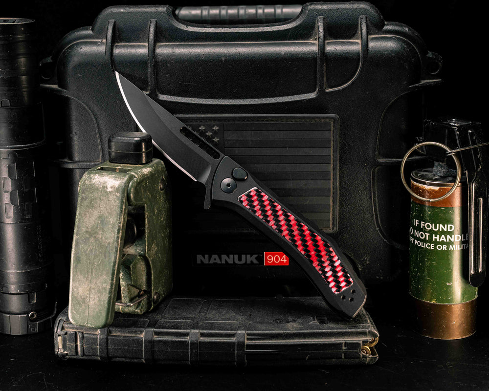 Custom Kwaiken Folder- Red and Black Twill Carbon, Anodized Black Handle, Black Nitride Blade, Smooth Grip, Deep Carry Pocket Clip
