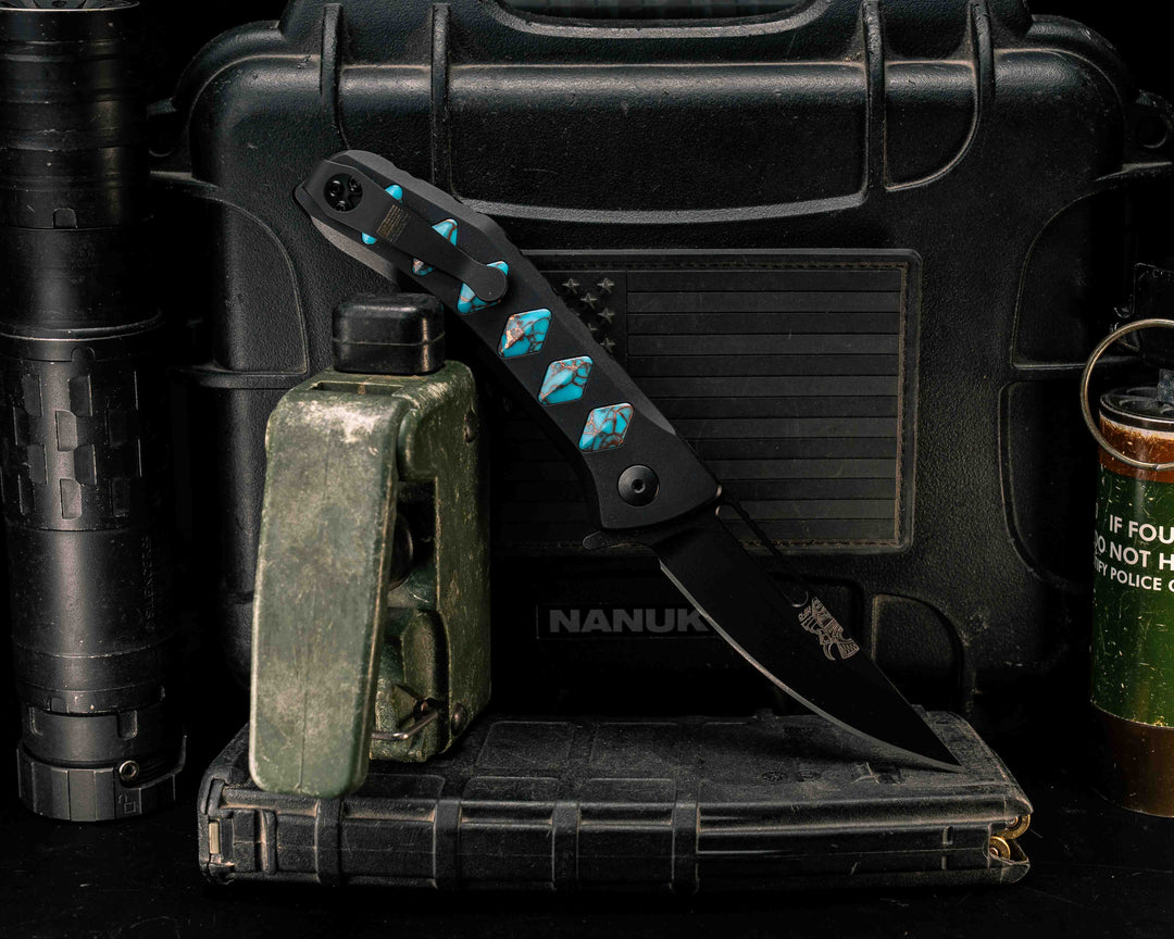 Custom Kwaiken Folder- Turquoise with Copper Web Tru Stone, Anodized Black Handle, Black Nitride Blade, Textured Grip, Deep Carry Pocket Clip