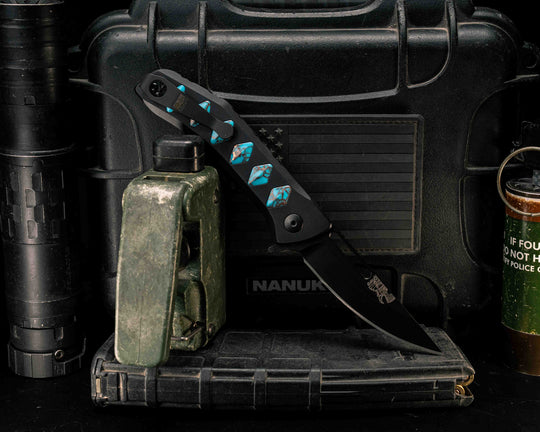 Custom Kwaiken Folder- Turquoise with Copper Web Tru Stone, Anodized Black Handle, Black Nitride Blade, Textured Grip, Deep Carry Pocket Clip