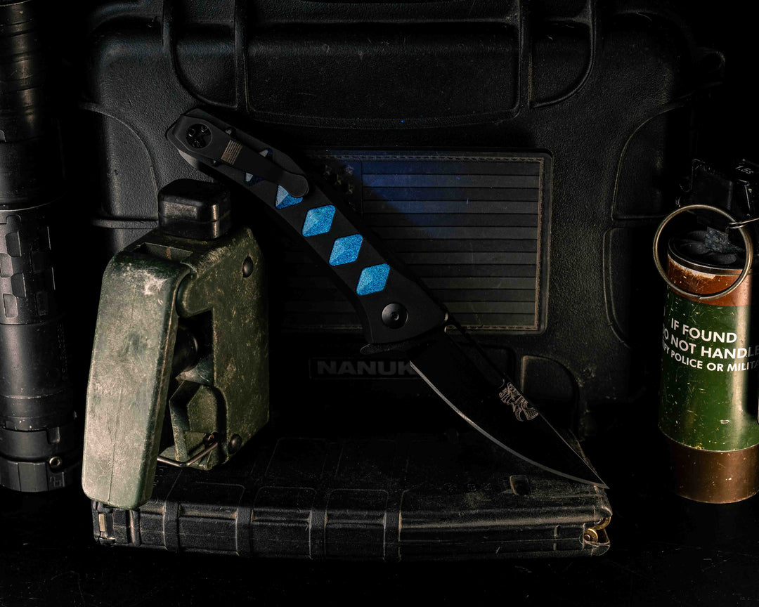 Custom Kwaiken Folder - Resin UV Glow Inlay, Anodized Black Handle, Black Nitride Blade, Textured Grip, Deep Carry Pocket Clip