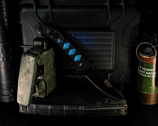 Custom Kwaiken Folder - Resin UV Glow Inlay, Anodized Black Handle, Black Nitride Blade, Textured Grip, Deep Carry Pocket Clip