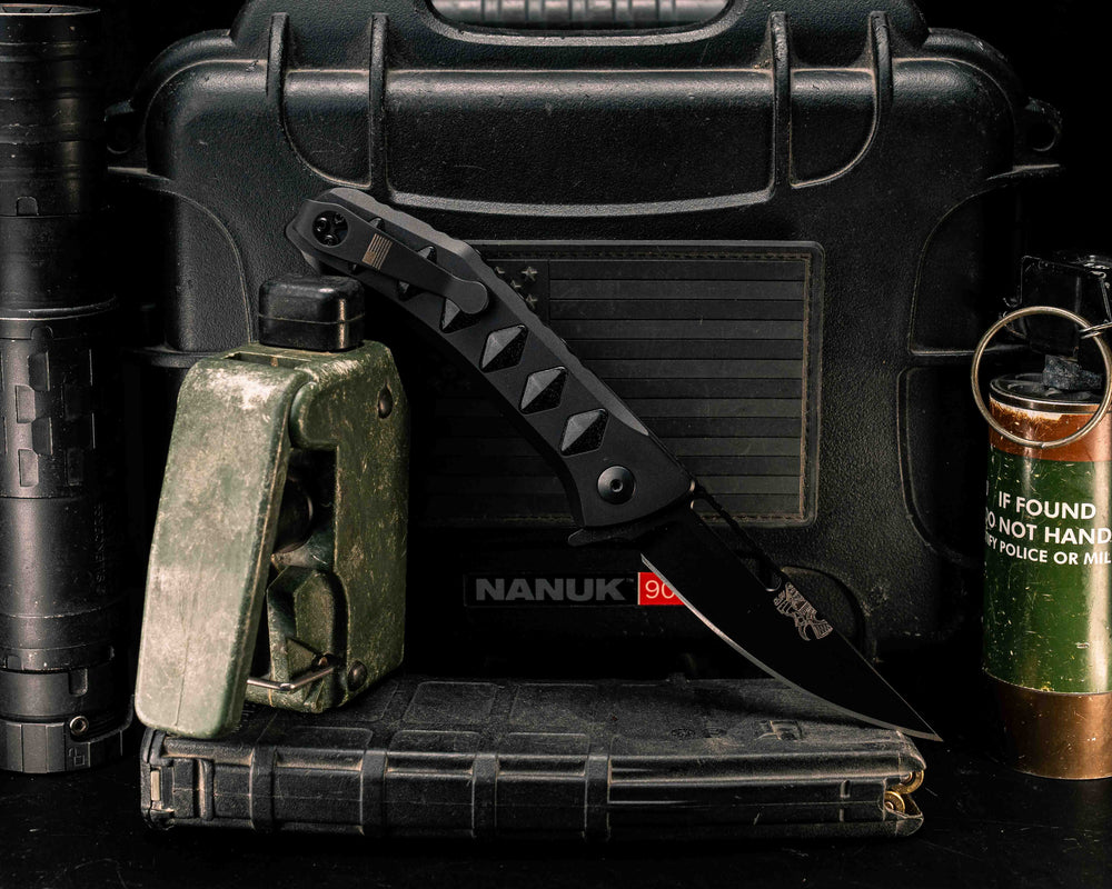 Custom Kwaiken Folder - Resin UV Glow Inlay, Anodized Black Handle, Black Nitride Blade, Textured Grip, Deep Carry Pocket Clip