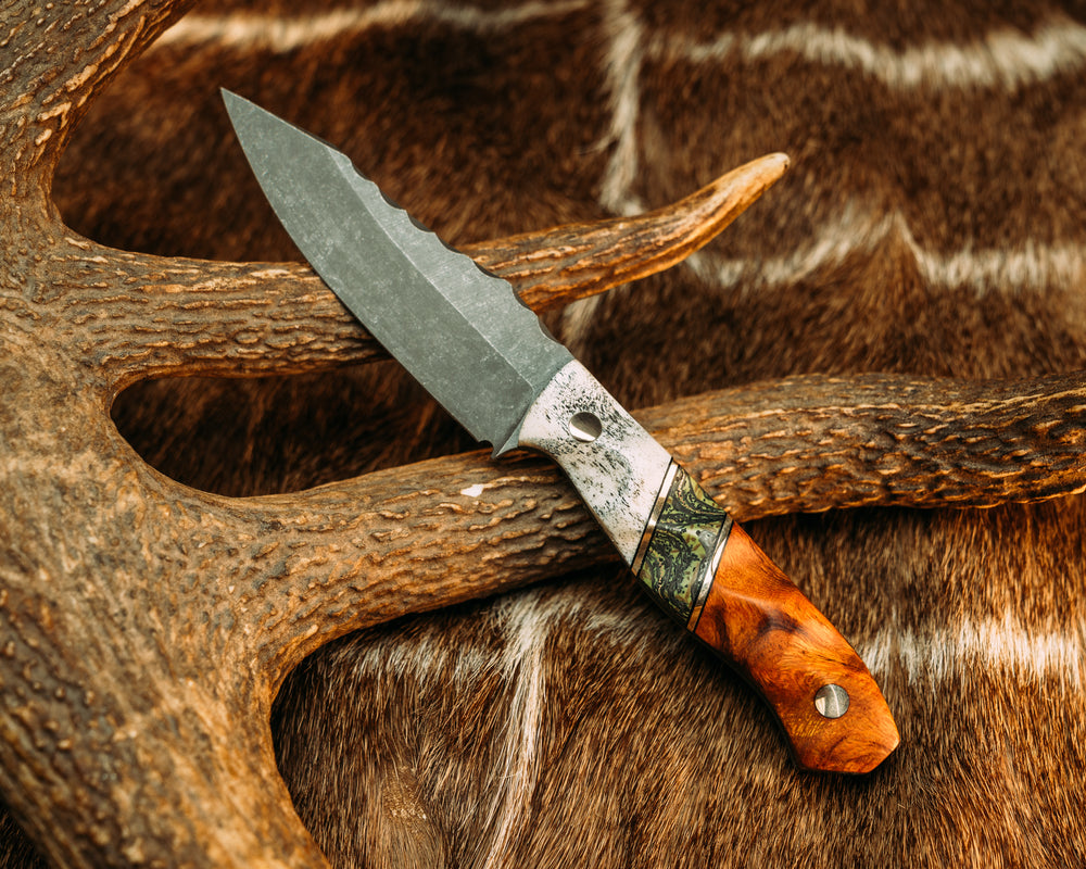 Field Knife Jr- Black G10 and Bronze Pin Striping, Carbon, Copper Mesh, Burlap and OD Green Resin Split, Desert Ironwood, Brass Pins, Textured Grip