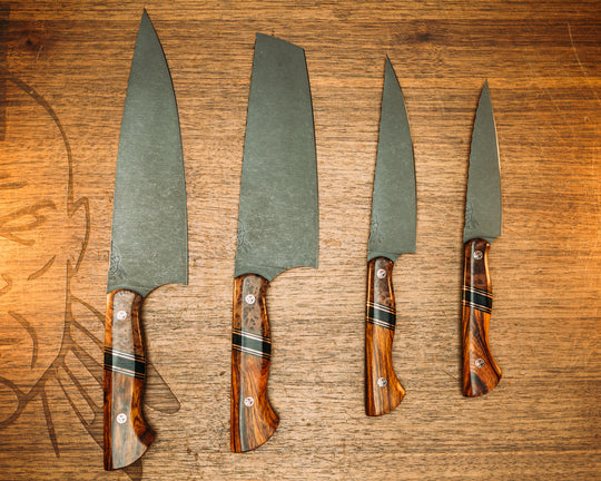 Chef Set- Dyed Redwood, Black G10 and Copper Pin Striping, Black Canvas Micarta Split, Desert Ironwood, Patriot Mosaic Pins, Smooth Grip
