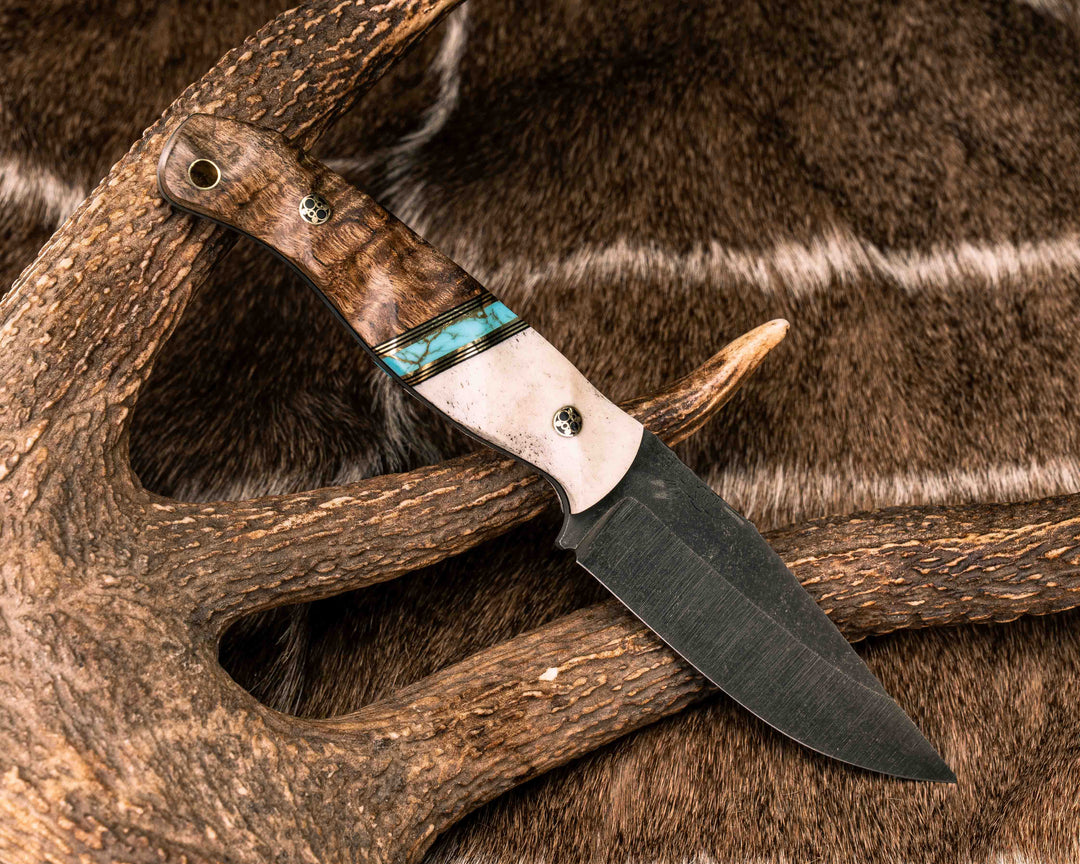 Crow Jr- Elk Antler, Black G10 and Brass Pin Striping, Turquoise with Gold Web Tru-stone Split, Hawaiian Curly Mango, Mosaic Pins, Brass Lanyard Pin, Textured Grip