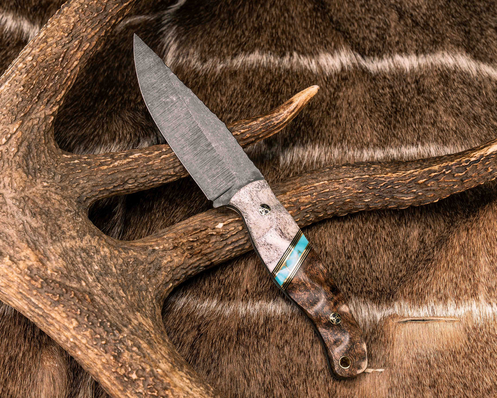 Crow Jr- Elk Antler, Black G10 and Brass Pin Striping, Turquoise with Gold Web Tru-stone Split, Hawaiian Curly Mango, Mosaic Pins, Brass Lanyard Pin, Textured Grip