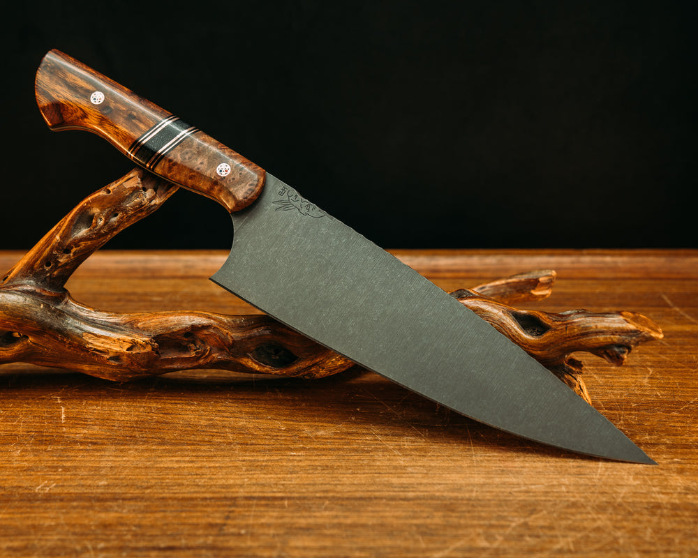 Chef Set- Dyed Redwood, Black G10 and Copper Pin Striping, Black Canvas Micarta Split, Desert Ironwood, Patriot Mosaic Pins, Smooth Grip