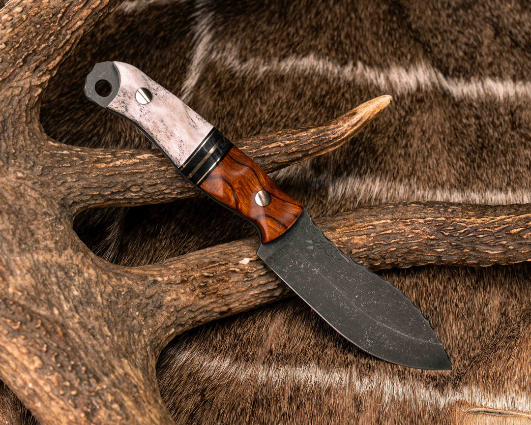 Skinner Jr- Desert Ironwood, Black G10, Bronze and Dyed Maple Split, Elk Antler, Bronze Pins, Textured Grip