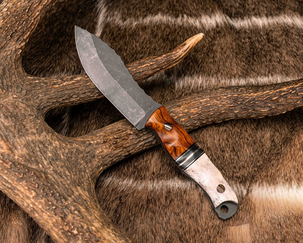 Skinner Jr- Desert Ironwood, Black G10, Bronze and Dyed Maple Split, Elk Antler, Bronze Pins, Textured Grip