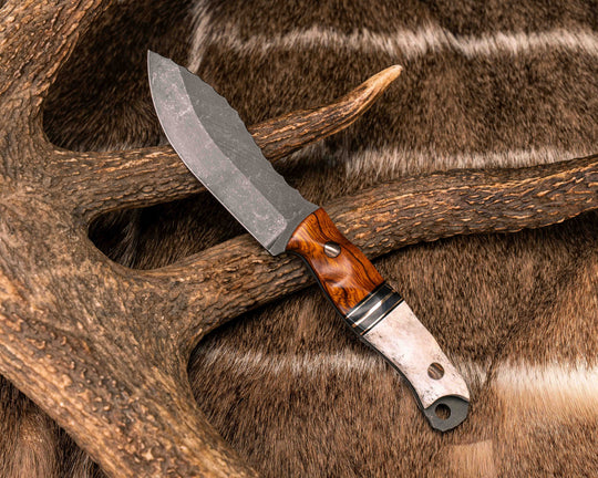 Skinner Jr- Desert Ironwood, Black G10, Bronze and Dyed Maple Split, Elk Antler, Bronze Pins, Textured Grip