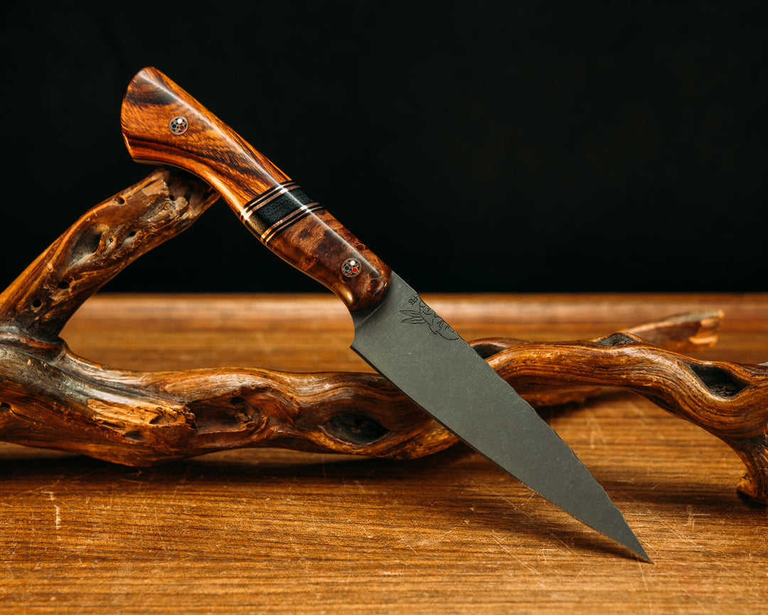 Chef Set- Dyed Redwood, Black G10 and Copper Pin Striping, Black Canvas Micarta Split, Desert Ironwood, Patriot Mosaic Pins, Smooth Grip