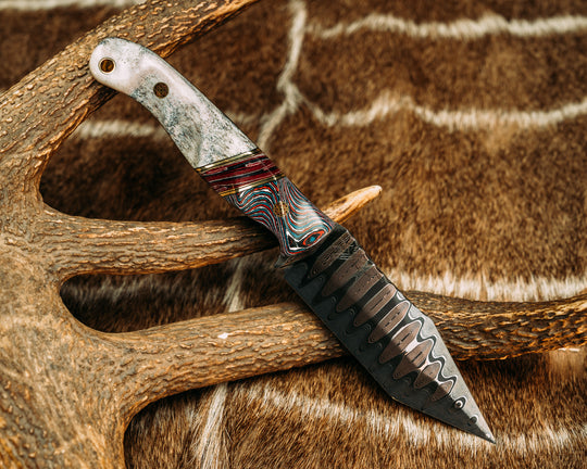 Crow Scout Tanto- Baker Forge CopperMai Ladder Damascus- Nebula FAT Carbon, Black G10 and Brass Pin Striping, American Flag Micarta Split, Mosaic Pins, Brass Lanyard Pin