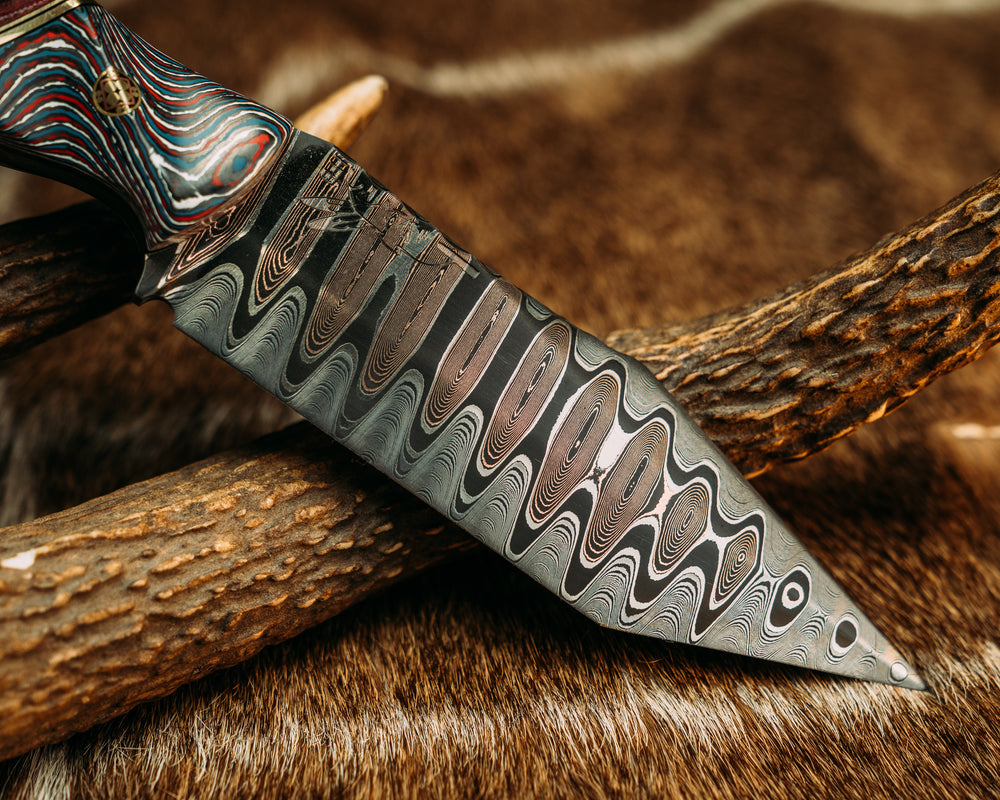Crow Scout Tanto- Baker Forge CopperMai Ladder Damascus- Nebula FAT Carbon, Black G10 and Brass Pin Striping, American Flag Micarta Split, Mosaic Pins, Brass Lanyard Pin