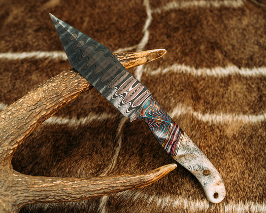 Crow Scout Tanto- Baker Forge CopperMai Ladder Damascus- Nebula FAT Carbon, Black G10 and Brass Pin Striping, American Flag Micarta Split, Mosaic Pins, Brass Lanyard Pin