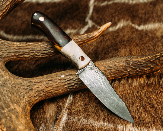 Field Knife Jr- Baker Forge Random Pattern Damascus- and Desert Ironwood, Copper Pins, 1/8" Copper Pin, Contoured Grip