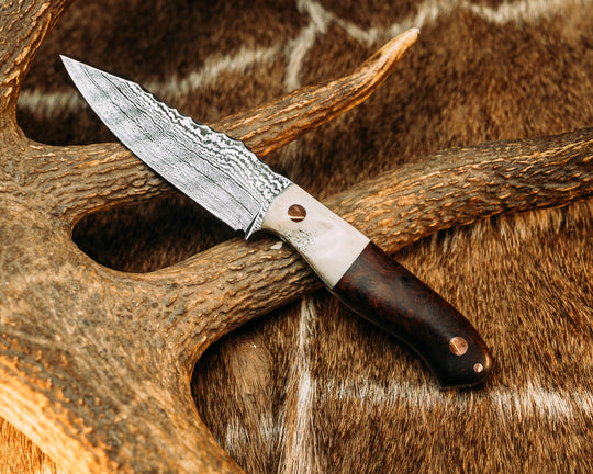 Field Knife Jr- Baker Forge Random Pattern Damascus- and Desert Ironwood, Copper Pins, 1/8" Copper Pin, Contoured Grip