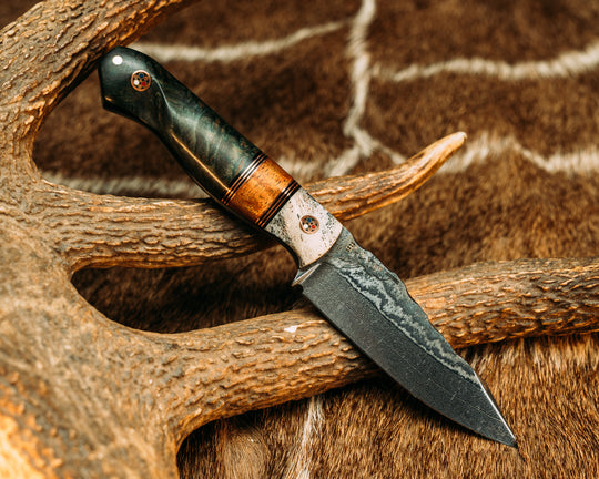 Field Knife Jr- Baker Forge Random Pattern Damascus- Black G10 and Copper Pin Striping, Hawaiian Curly Koa Split, Dyed Redwood, Copper Patriot Mosaic Pins, 1/8" Copper Pins, Contoured Grip