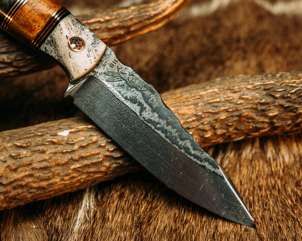 Field Knife Jr- Baker Forge Random Pattern Damascus- Black G10 and Copper Pin Striping, Hawaiian Curly Koa Split, Dyed Redwood, Copper Patriot Mosaic Pins, 1/8" Copper Pins, Contoured Grip