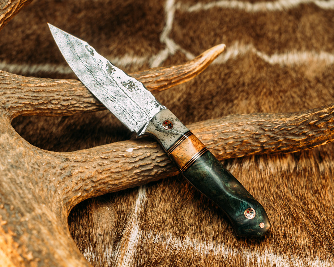 Field Knife Jr- Baker Forge Random Pattern Damascus- Black G10 and Copper Pin Striping, Hawaiian Curly Koa Split, Dyed Redwood, Copper Patriot Mosaic Pins, 1/8" Copper Pins, Contoured Grip