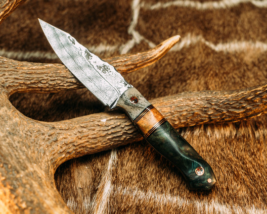 Field Knife Jr- Baker Forge Random Pattern Damascus- Black G10 and Copper Pin Striping, Hawaiian Curly Koa Split, Dyed Redwood, Copper Patriot Mosaic Pins, 1/8" Copper Pins, Contoured Grip