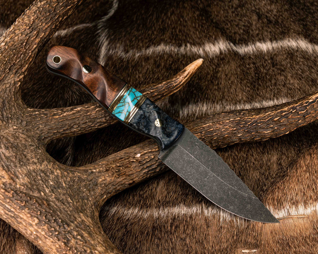 Crow Jr- Dyed Box Elder, Black G10, Brass and Coyote G10 Pin Striping, Turquoise with Gold Web Tru-stone Split, Hawaiian Curly Koa, Mosaic Pins, Brass Lanyard Pin, Textured Grip