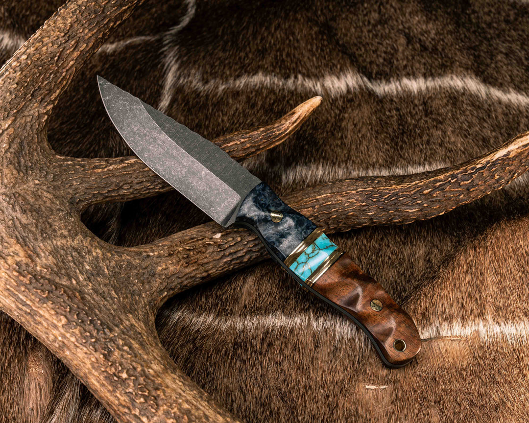 Crow Jr- Dyed Box Elder, Black G10, Brass and Coyote G10 Pin Striping, Turquoise with Gold Web Tru-stone Split, Hawaiian Curly Koa, Mosaic Pins, Brass Lanyard Pin, Textured Grip