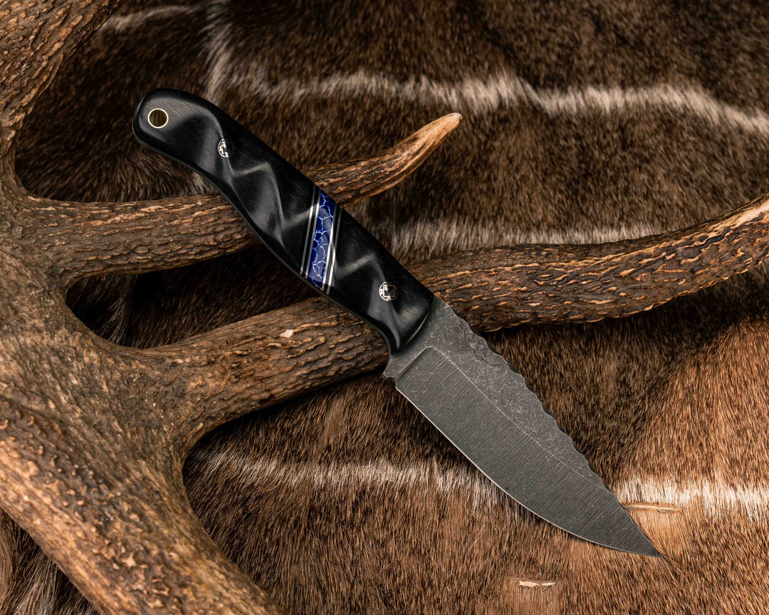 Crow Jr- Ancient Bog Oak, Black G10, Aluminum and Sodalite Tru-stone Split, Mosaic Pins, Brass Lanyard Pin, Textured Grip