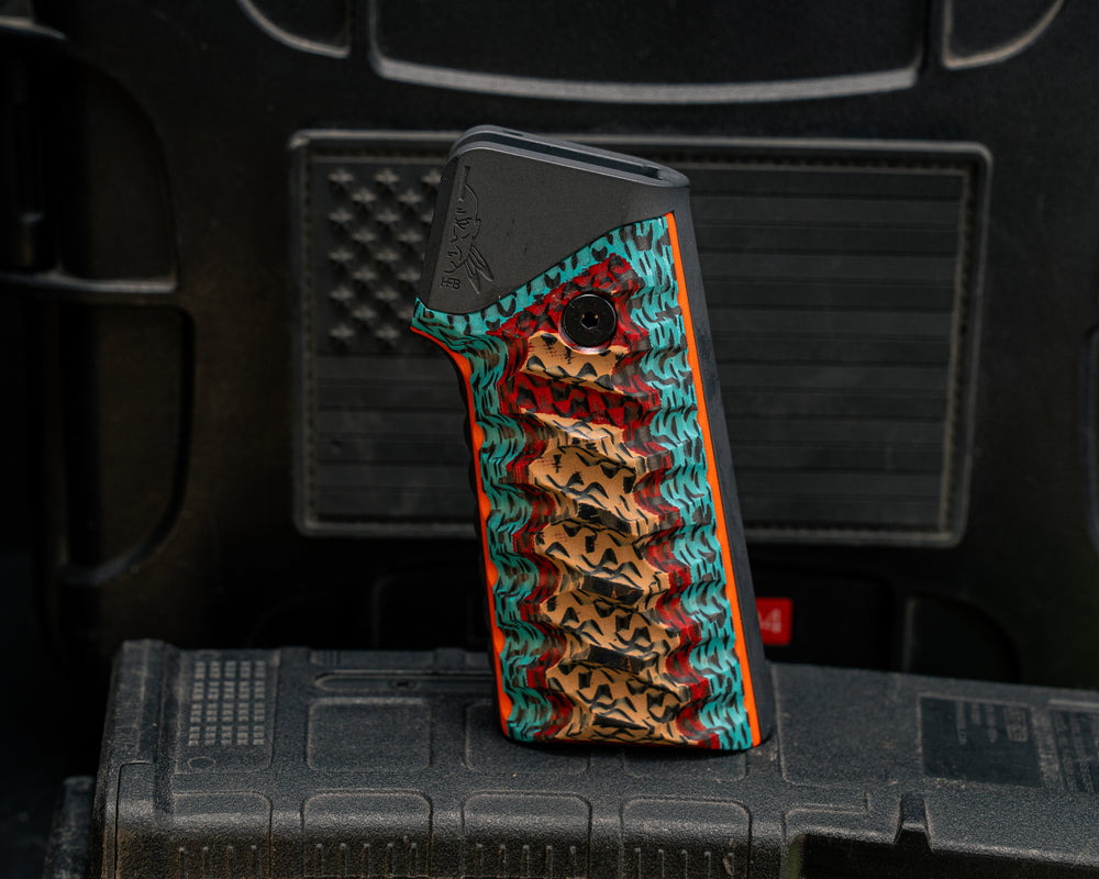 AR style Grip System - Crow Carbon Fiber on Orange G10, Gun Metal Gray Cerakote, Snake Grip