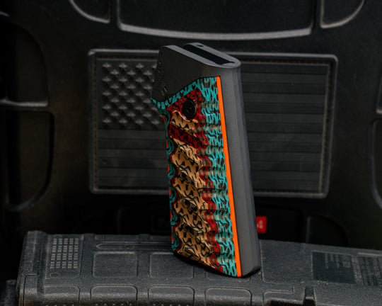 AR style Grip System - Crow Carbon Fiber on Orange G10, Gun Metal Gray Cerakote, Snake Grip