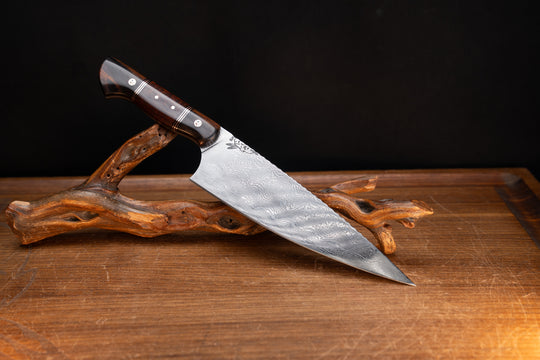 Chef Blade- Baker Forge Random Pattern Damascus- Desert Ironwood, Black G10 and Copper Pin Striping, Snakewood Split, Copper Patriot Mosaic Pins, Smooth Grip