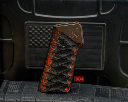 AR style Grip System - Black Burlap Micarta Over Brass and Lava Flow FAT Carbon, Midnight Bronze Cerakote, Snake Grip