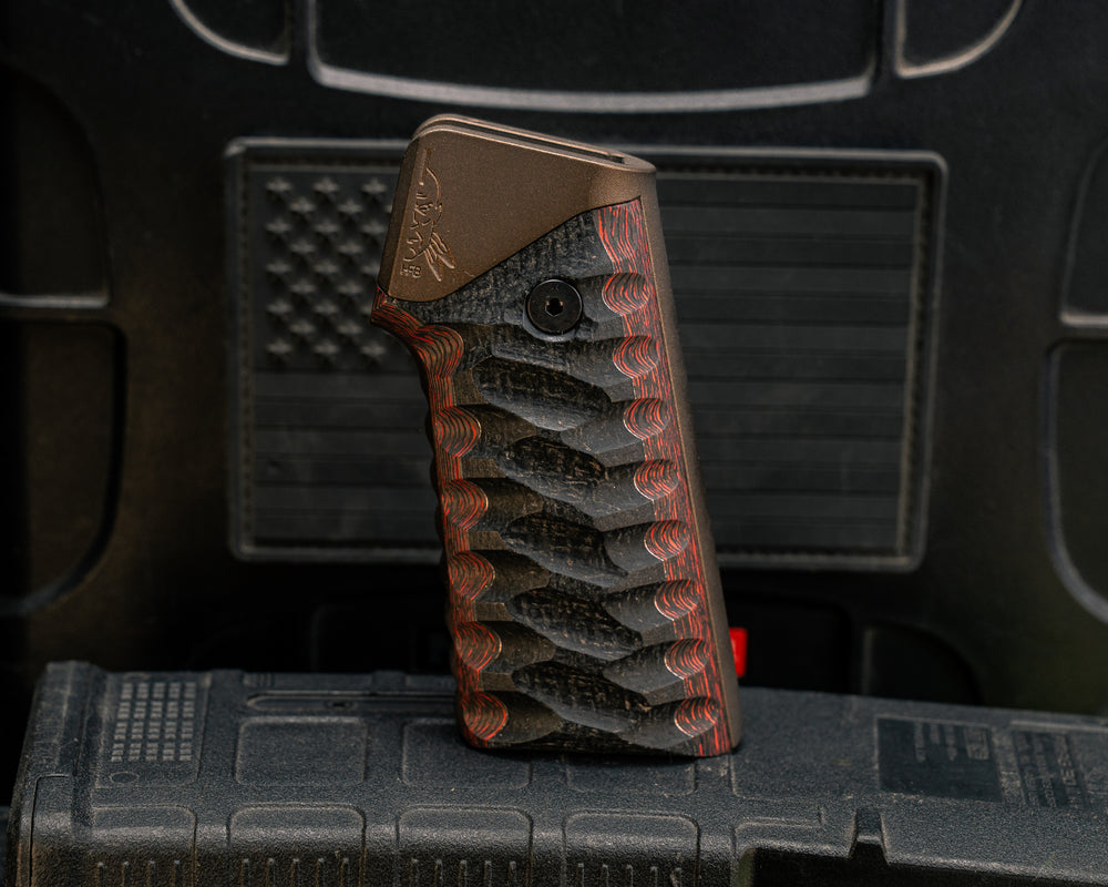 AR style Grip System - Black Burlap Micarta Over Brass and Lava Flow FAT Carbon, Midnight Bronze Cerakote, Snake Grip