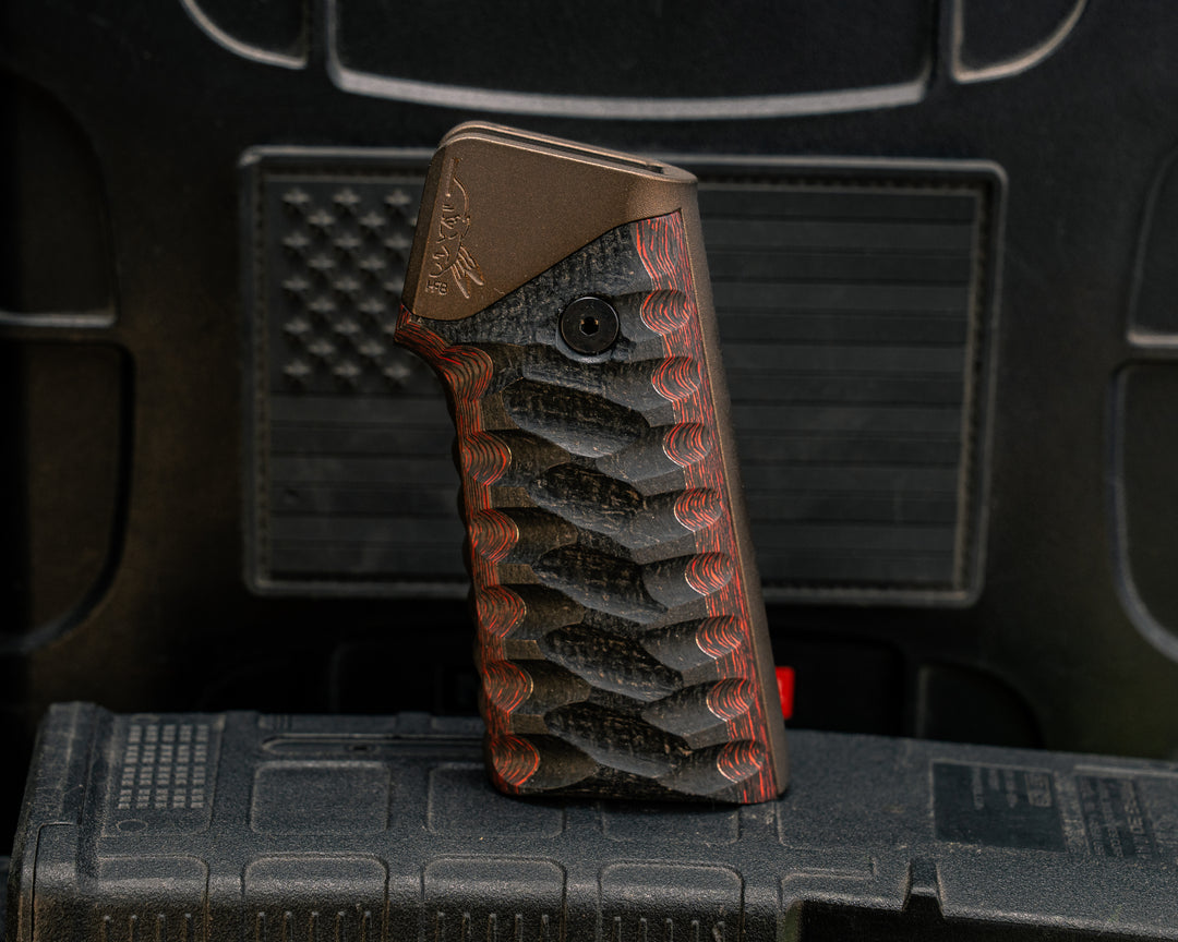 AR style Grip System - Black Burlap Micarta Over Brass and Lava Flow FAT Carbon, Midnight Bronze Cerakote, Snake Grip