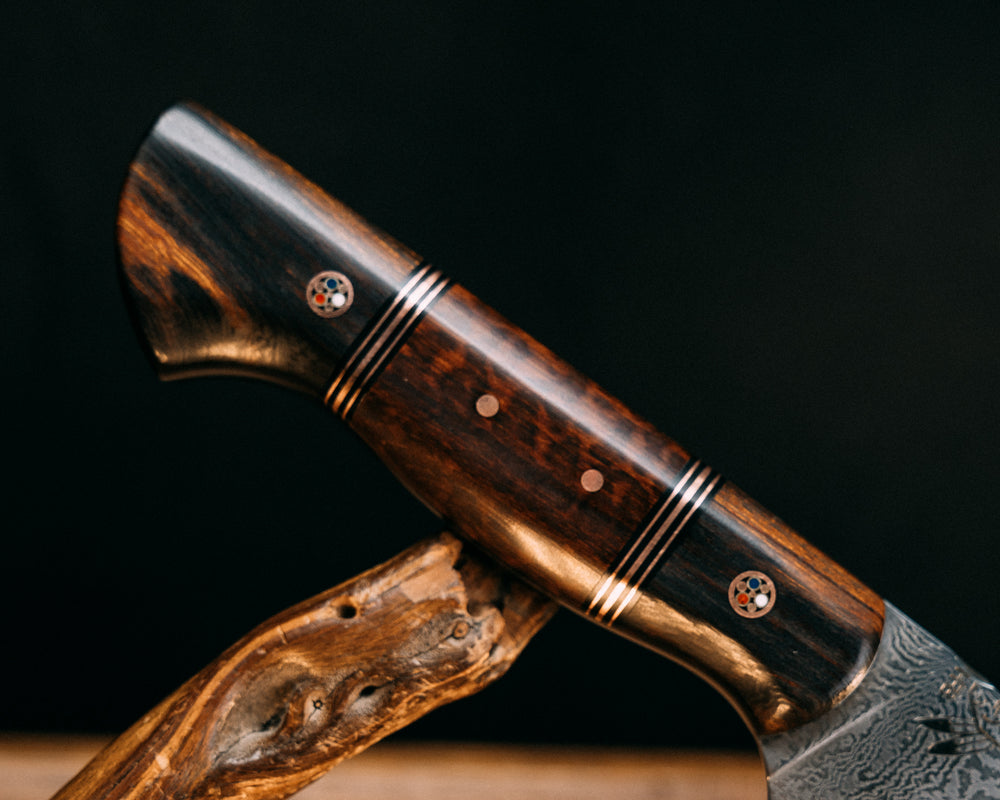 Chef Blade- Baker Forge Random Pattern Damascus- Desert Ironwood, Black G10 and Copper Pin Striping, Snakewood Split, Copper Patriot Mosaic Pins, Smooth Grip