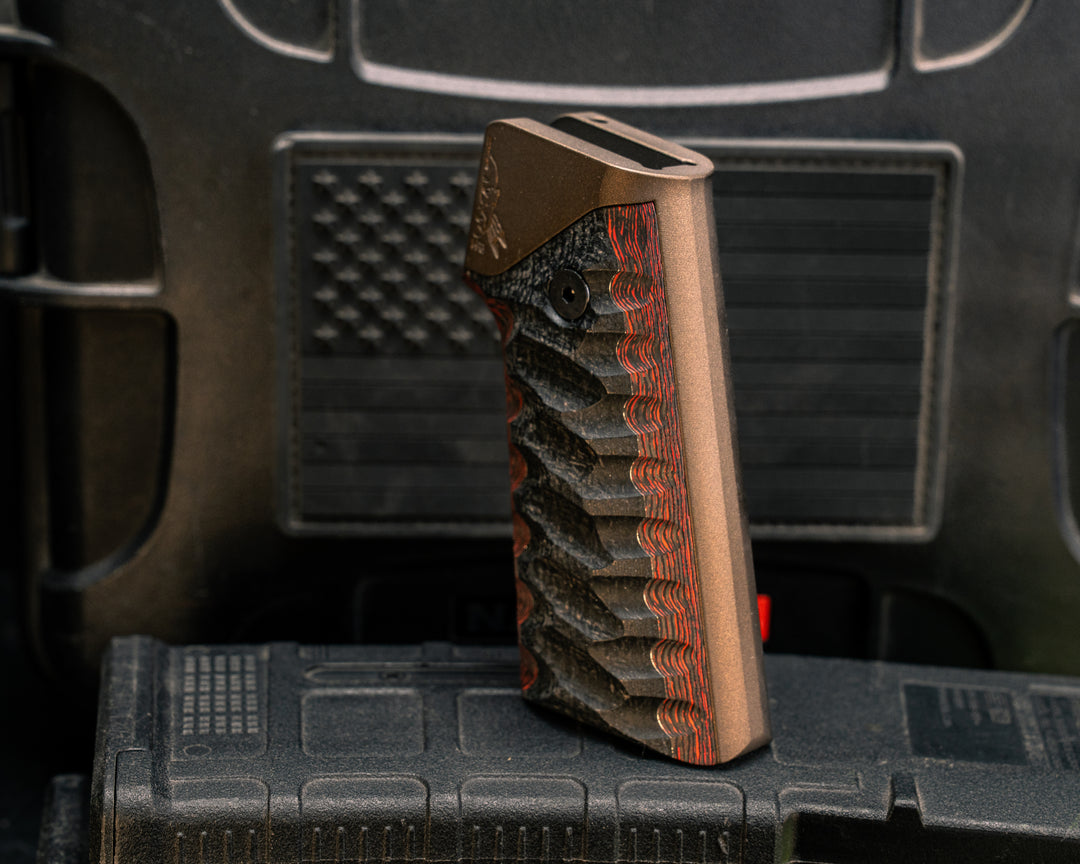 AR style Grip System - Black Burlap Micarta Over Brass and Lava Flow FAT Carbon, Midnight Bronze Cerakote, Snake Grip