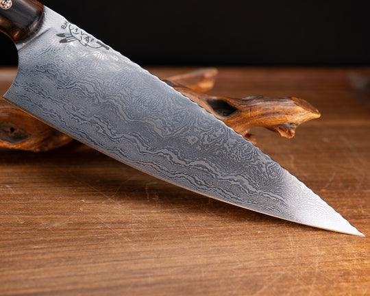 Chef Blade- Baker Forge Random Pattern Damascus- Desert Ironwood, Black G10 and Copper Pin Striping, Snakewood Split, Copper Patriot Mosaic Pins, Smooth Grip