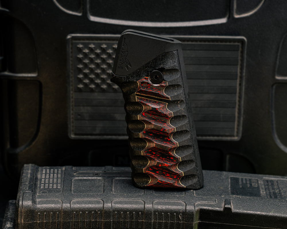 AR style Grip System - Lava Flow FAT Carbon Over Brass and Black Burlap Micarta, Armor Black Cerakote, Snake Grip