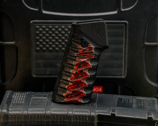 AR style Grip System - Lava Flow FAT Carbon Over Brass and Black Burlap Micarta, Armor Black Cerakote, Snake Grip