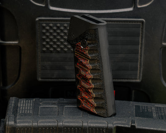 AR style Grip System - Lava Flow FAT Carbon Over Brass and Black Burlap Micarta, Armor Black Cerakote, Snake Grip