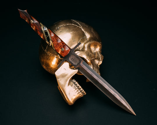 V-42 Dagger- Baker Forge Raindrop Pattern CopperMai- Afzelia Burl, Black G10 and Brass Pin Striping, Black with Gold Web Tru-stone Split, Desert Ironwood, Mosaic Pins, Textured Grip