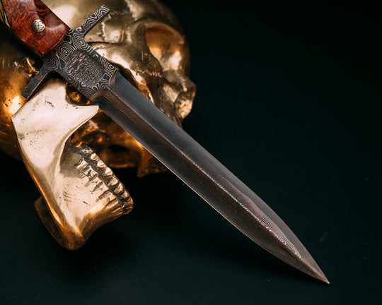 V-42 Dagger- Baker Forge Raindrop Pattern CopperMai- Afzelia Burl, Black G10 and Brass Pin Striping, Black with Gold Web Tru-stone Split, Desert Ironwood, Mosaic Pins, Textured Grip