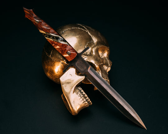 V-42 Dagger- Baker Forge Raindrop Pattern CopperMai- Afzelia Burl, Black G10 and Brass Pin Striping, Black with Gold Web Tru-stone Split, Desert Ironwood, Mosaic Pins, Textured Grip